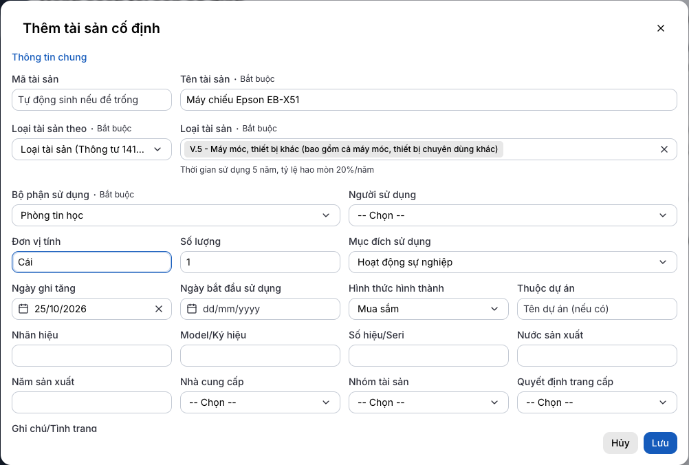 Thêm tài sản cố định: thông tin chung