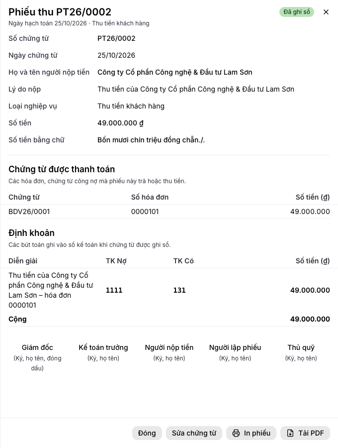 Chi tiết một phiếu thu
