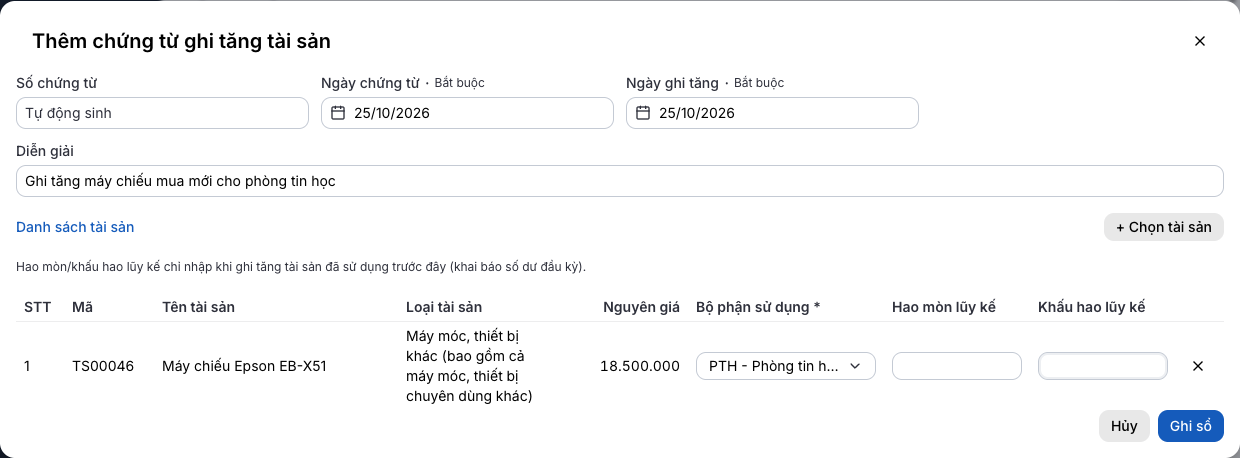 Lập chứng từ ghi tăng tài sản
