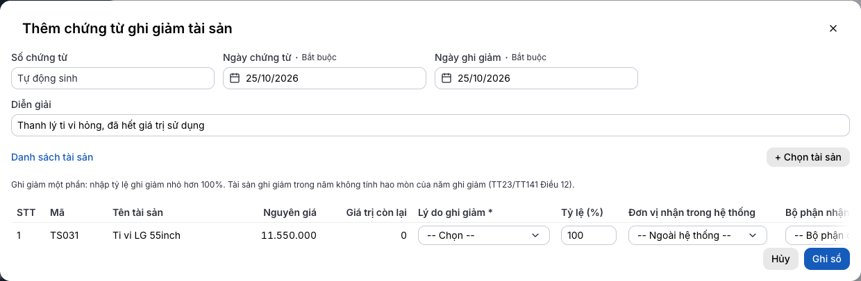 Lập chứng từ ghi giảm tài sản